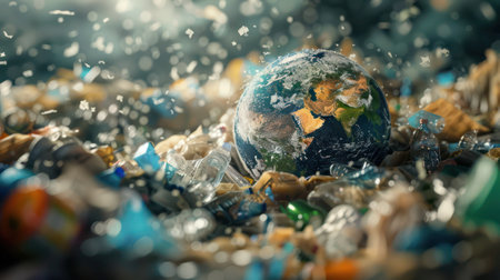 Powerful image showing planet Earth perched atop a pile of plastic waste emphasizing the contrast between the beautiful Earth and the surrounding pollutionの素材