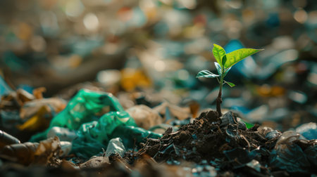 Powerful image depicting a small young tree sprout trying to grow on top of a pile of plastic garbageの素材