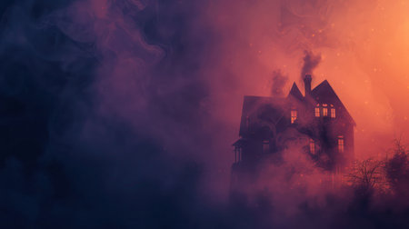 Halloween banner featuring haunted house, a shadowy figure,a ghostly silhouette against a dark, foggy purple and yellow backgroundの素材