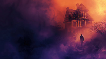 Halloween banner featuring haunted house, a shadowy figure,a ghostly silhouette against a dark, foggy purple and yellow backgroundの素材