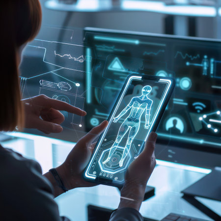 User interacting with an AI-powered smartphone, futuristic and intelligent features of device, holographic display, voice interaction, smart applicationsの素材