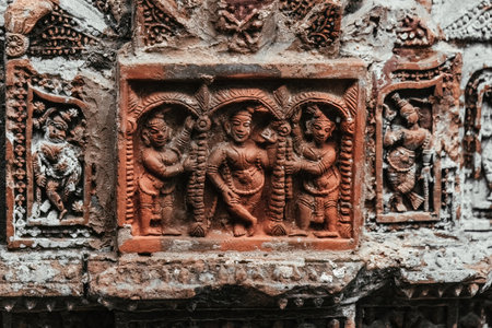 Beautiful details and bas reliefs of ancient Hindu Pancharatna Temple (Temple of the Five Jewels) in Puthia Bangladeshのeditorial素材