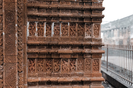 Beautiful details and bas reliefs of ancient Hindu Pancharatna Temple (Temple of the Five Jewels) in Puthia Bangladeshのeditorial素材