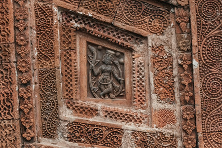 Beautiful details and bas reliefs of ancient Hindu Pancharatna Temple (Temple of the Five Jewels) in Puthia Bangladeshのeditorial素材