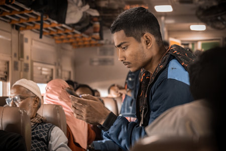 Bangladeshi people in a train journey Bangladesh railways young man scrolling the smartphone in a trainのeditorial素材