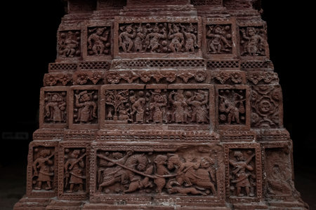 Beautiful details and bas reliefs of ancient Hindu Pancharatna Temple (Temple of the Five Jewels) in Puthia Bangladeshのeditorial素材