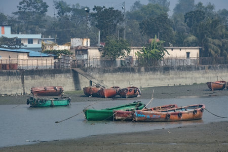 Passenger boat with people travelling by sea in Chittagong Bangladesh