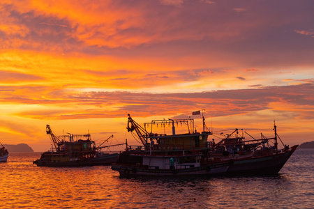 Spectacular sunset in the port of Kota Kinabalu Borneo Malaysiaの写真素材