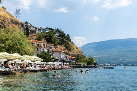Old houses at the shore of Ohrid lake North Macedoniaの写真素材