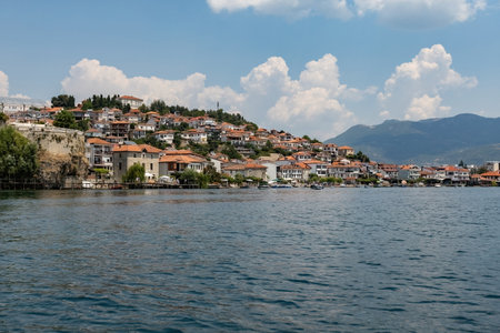Old houses at the shore of Ohrid lake North Macedoniaの写真素材