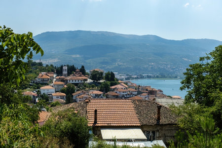 Aerial view of Ohrid old town from the Samoil's Fortress in Ohrid North Macedoniaの写真素材