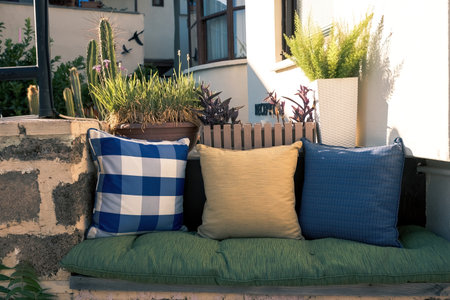 Colorful decorative pillows on the sofe in cafe in Turkey