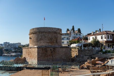 Roman fortess Hidirlik Tower in Antalya old town Turkeyの写真素材
