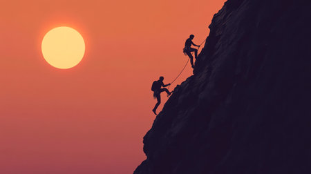 Silhouette of the climber in the mountains banner for climbind or touristic gear advertisementの素材