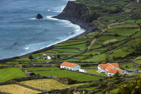 Breathtaking view of the houses on the cliff at Atlantic ocean coast in Azores islands Portugalの写真素材