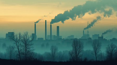 City skyline with lots of industrial nd factory chimneys air pollution problemの素材