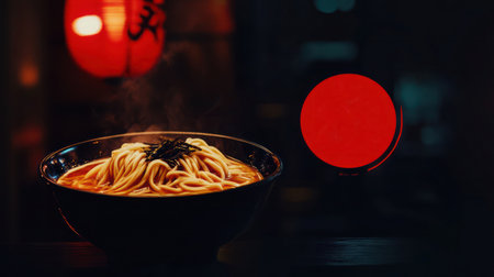 Logo for the ramen restaurant in japanese style red and black colors bowl of ramen chop sticksの素材