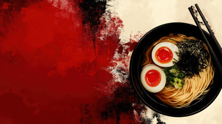 Logo for the ramen restaurant in japanese style red and black colors bowl of ramen chop sticksの素材