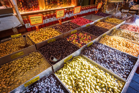 Big assortment of olives on the traditional Istanbul market Turkeyの写真素材