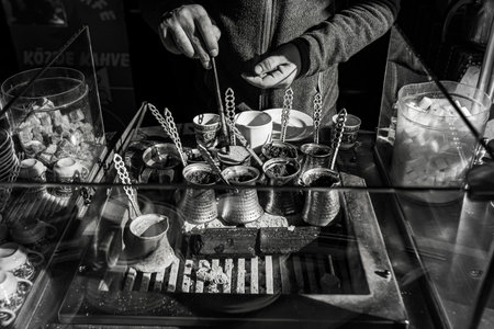 Man preparing turkish coffee on the street of Istanbul Turkeyの写真素材