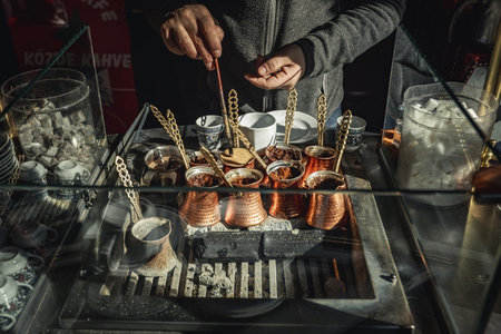 Man preparing turkish coffee on the street of Istanbul Turkeyの写真素材