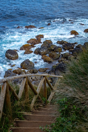 Breathtaking view of the wavy Atlantic ocean from the cliff in Azores islands Portugal