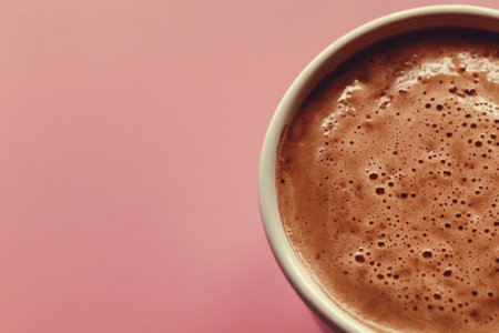 Top view cappuccino cup with a foam part of the cup Mocha Mousse colored image with soft pink backgroundの素材