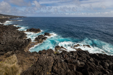 Amazing Atlantic ocean waves and rocks at Pico island Azores Portugalの写真素材