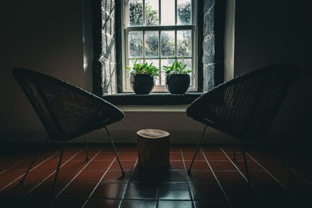 Two coizy chairs against the window and two plant pots on the window in the old stone houseの写真素材