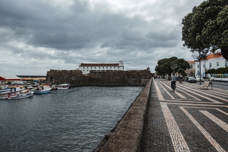 Boats in the port of Ponta Delgada at Azores islands Portugalの写真素材