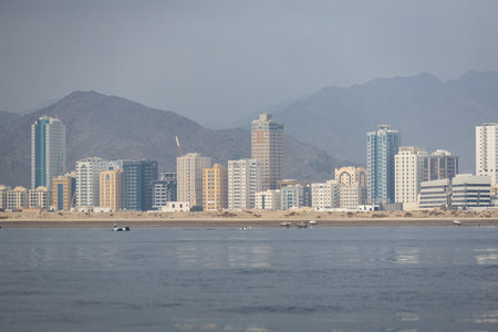 Skyline of Fujeirah town view from the sea UAE