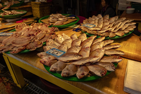 Fish market stall at Dongmun Traditional Market, Jeju Island, South Koreaの写真素材