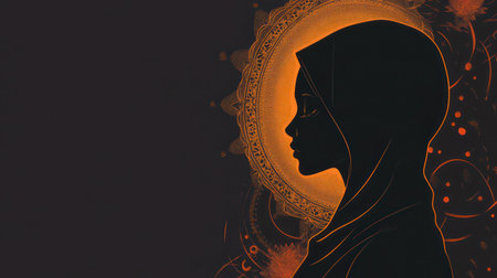 Sketch of a muslim woman side view wearing hijab ornge and black color combinationの素材