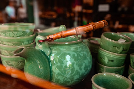 Tea set, chinese tea utensils in the shop window in Seoul South Koreaの写真素材