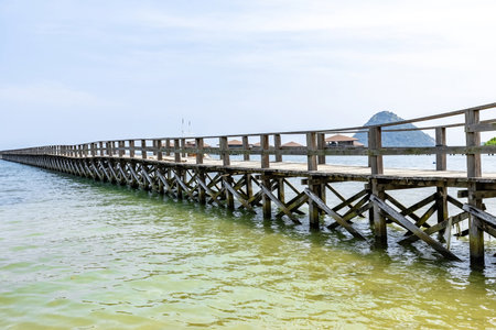 Wooden pier in the sea in Indonesiaの写真素材