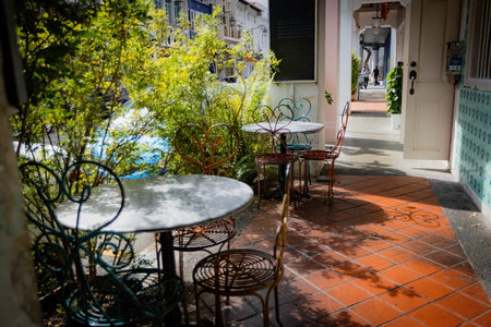 Traditional street with awnings cafes and shops in the Chinatown of Singapore