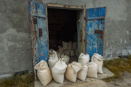 Bags with salt on the salt plant in Ukraineの写真素材