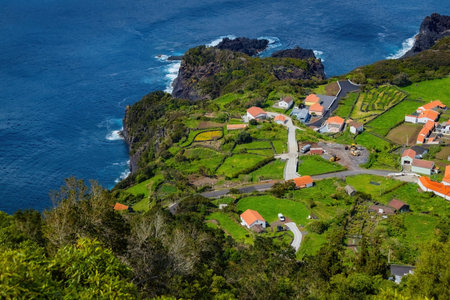 Bright houses on the cliff at Atlantic ocean coast in Azores islands Portugalの写真素材