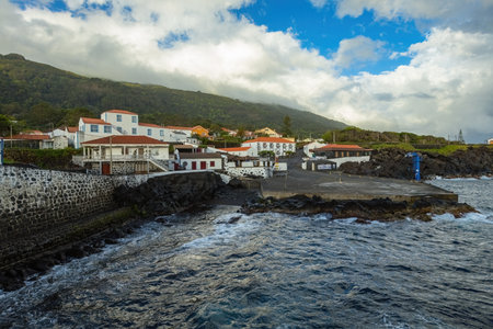 Coastal houseswith ocean view in Sao Jorge island Azores Portugalの写真素材