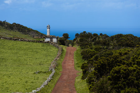 View of Abandoned Ponta dos Rosais Lighthouse, SÃ£o Jorge Island, Azores, Portugalの写真素材