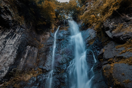 Beautiful mountain waterfall view from the bottom in Georgia