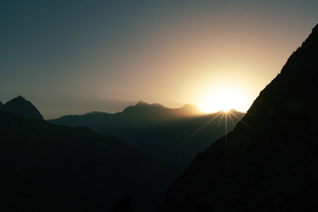 Beautiful sunset mountain view in Fann mountains in Tajikistanの写真素材
