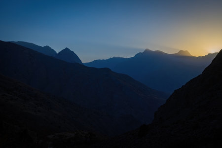 Beautiful sunset mountain view in Fann mountains in Tajikistanの写真素材