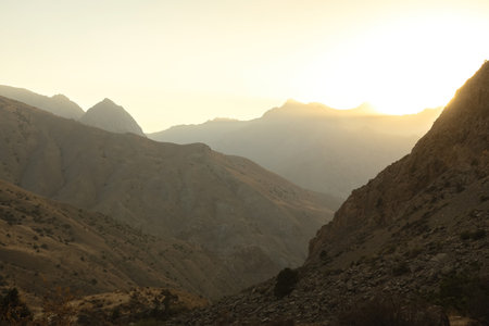 Beautiful sunset mountain view in Fann mountains in Tajikistanの写真素材