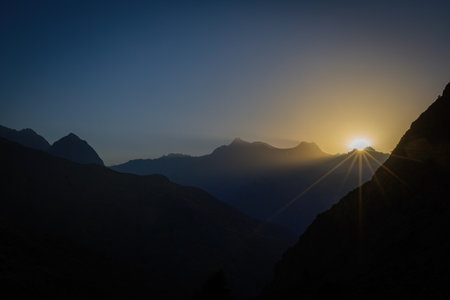 Beautiful sunset mountain view in Fann mountains in Tajikistanの写真素材