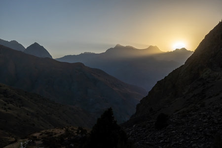 Beautiful sunset mountain view in Fann mountains in Tajikistanの写真素材