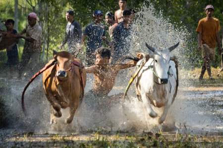 Pacu jawi traditional cow racing competition in West Sumatra, Indonesia