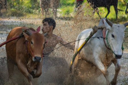 Pacu jawi traditional cow racing competition in West Sumatra, Indonesia
