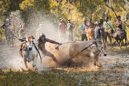 Pacu jawi traditional cow racing competition in West Sumatra, Indonesia