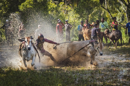 Pacu jawi traditional cow racing competition in West Sumatra, Indonesia